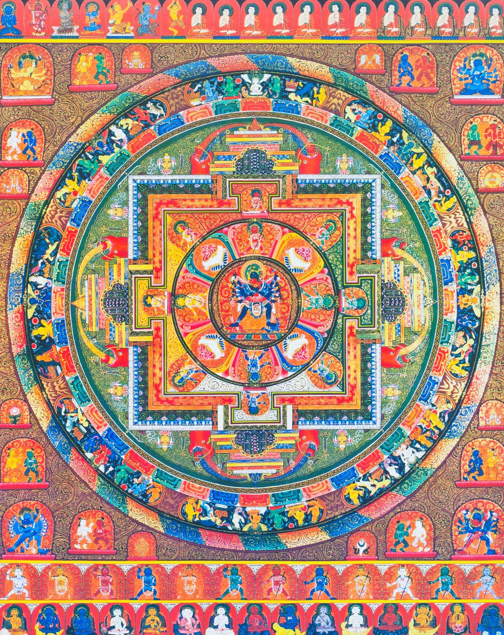 Chakrasambhara Mandala, retratando a divindade principal Sambhara abraçando o seu consorte Vajrabarahi simbolizando a união da sabedoria e da prática para alcançar a felicidade suprema (guache sobre pano) de School Nepalese