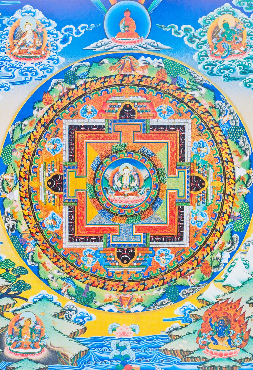 Chenresi mandala; a figura central retrata o Buda da compaixão, a manifestação celestial do Buda Amitava, sempre perto de seres sofredores (guache sobre tecido) de School Nepalese