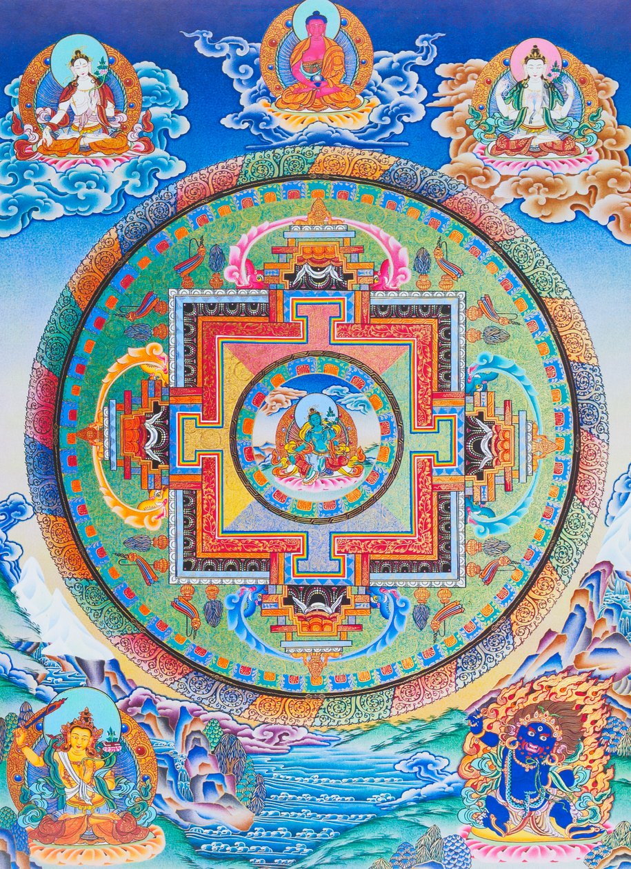 Tara Mandala verde representando o protector materno de todos os perigos no oceano da existência (guache sobre tecido) de School Nepalese