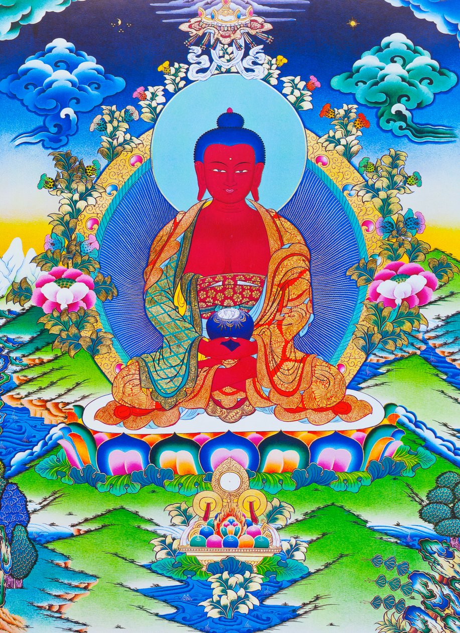 Imagem representando o Buda Amitabha sentado num lótus (guache num pano) de School Nepalese