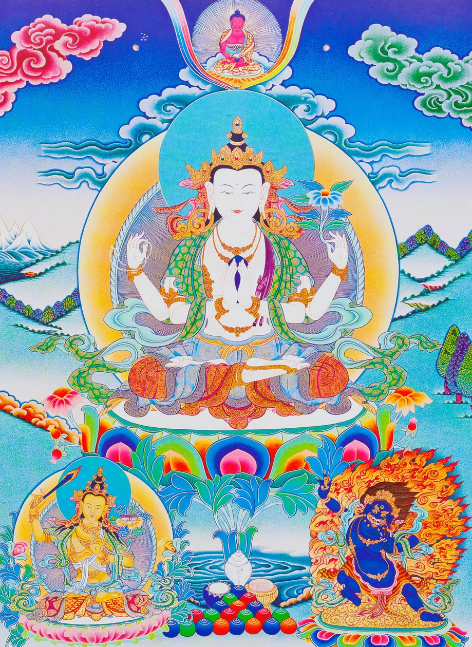 Imagem que representa Chenresi, o senhor das seis sílabas "Om Mani Padme Hum" (guache sobre tecido) de School Nepalese
