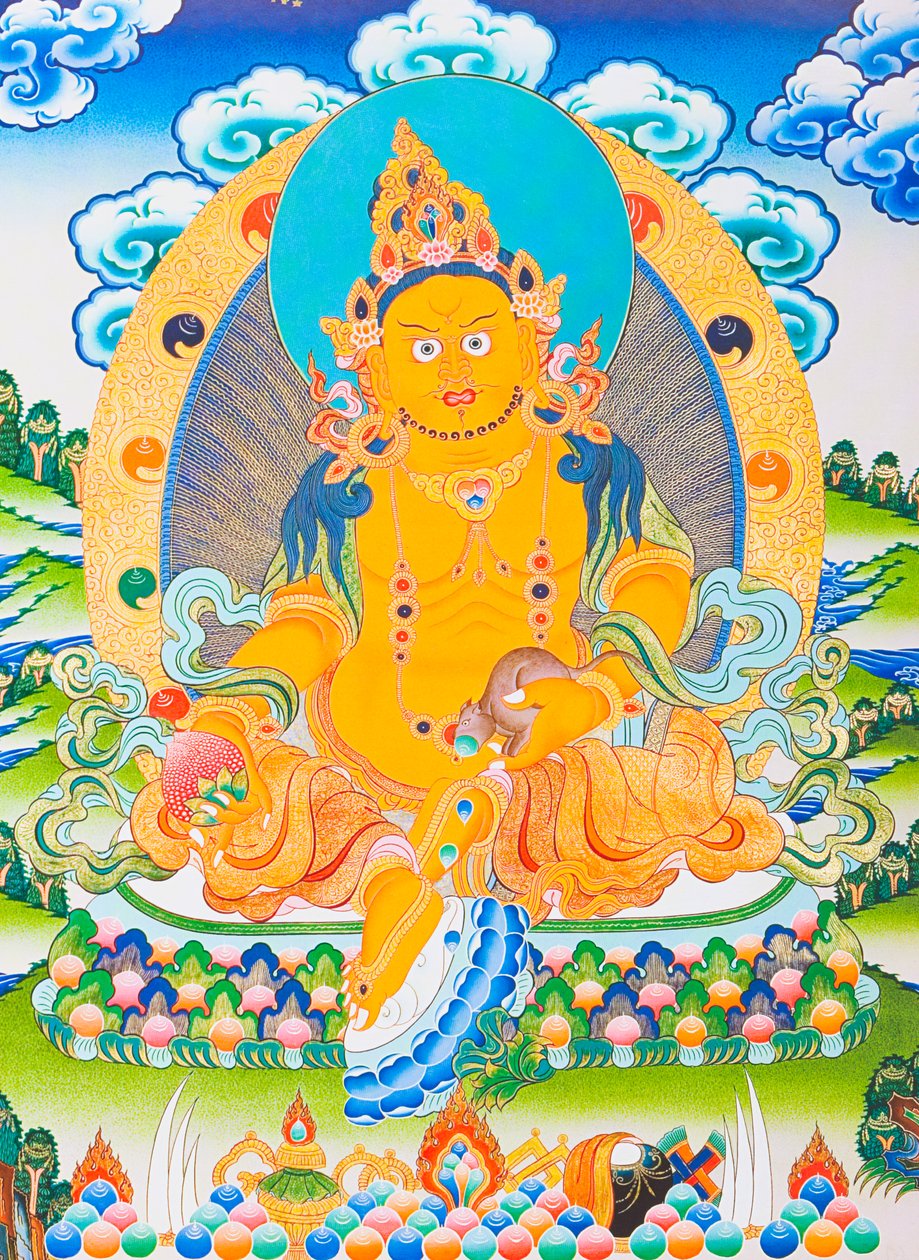 Imagem representando Dzambhala, o Dzambhala amarelo é a manifestação do Buda Ratnasambhava simbolizando a riqueza no mundo materialista (guache sobre tecido) de School Nepalese