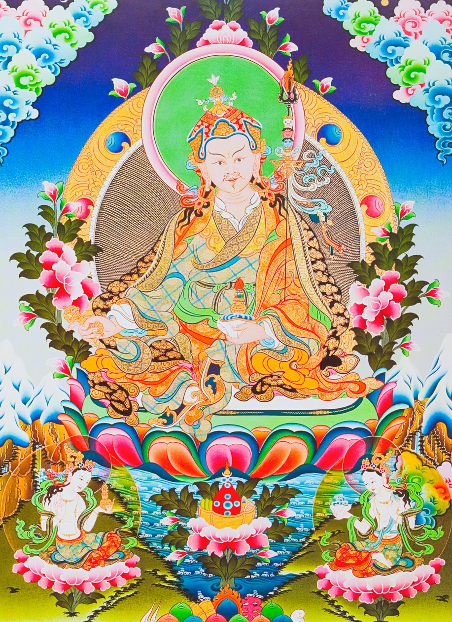 Imagem representando Padmasambhava ou guru Rimpoche, o deificado apóstolo do tantricismo tibetano que se diz ter ganho contraste sobre demónios e espíritos (guache sobre pano) de School Nepalese