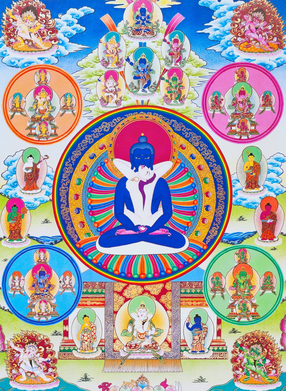 Imagem representando Samantabhadra, juntamente com a sua consorte, simbolizando a unidade com o absoluto (guache sobre tecido) de School Nepalese