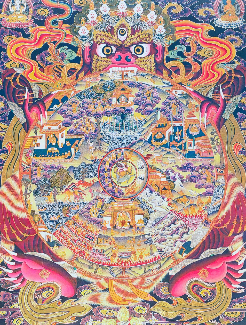 Imagem retratando a Roda da vida, retratando a Kalachakra ou a existência iludida mantida na boca de Yama, o deus da morte representando o nascimento, a morte e o renascimento (guache sobre tecido) de School Nepalese