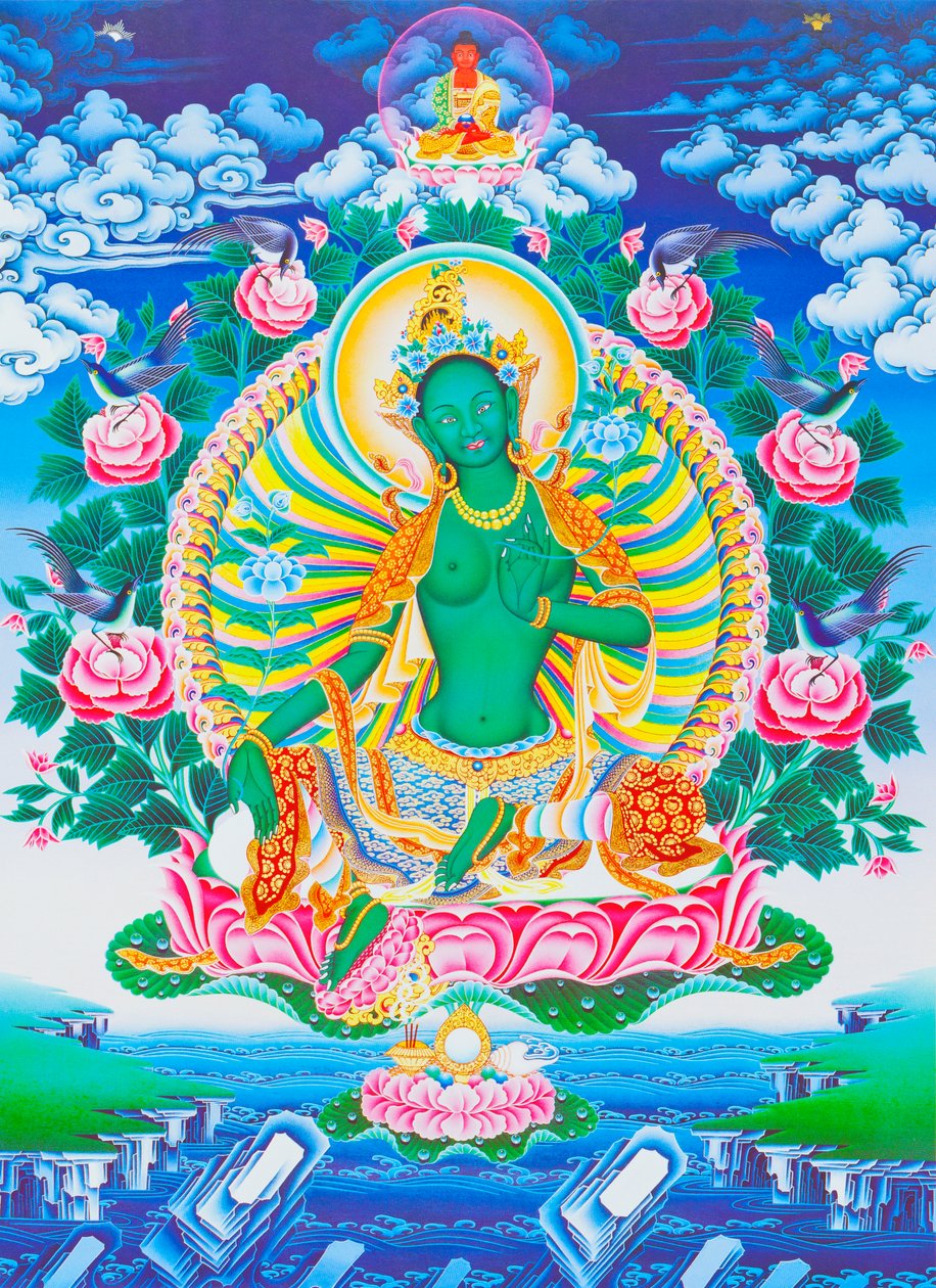 Imagem representando a Tara verde, o protector materno de todos os perigos no oceano da existência (guache sobre tecido) de School Nepalese