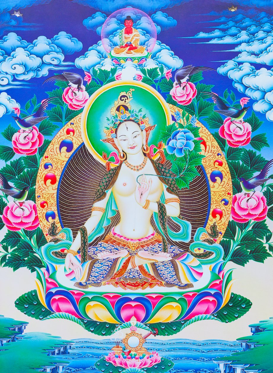 Imagem representando a Tara branca, a mãe divina de sete olhos sentada num lótus com a mão direita em posição de varada mudra simbolizando a generosidade (guache sobre pano) de School Nepalese