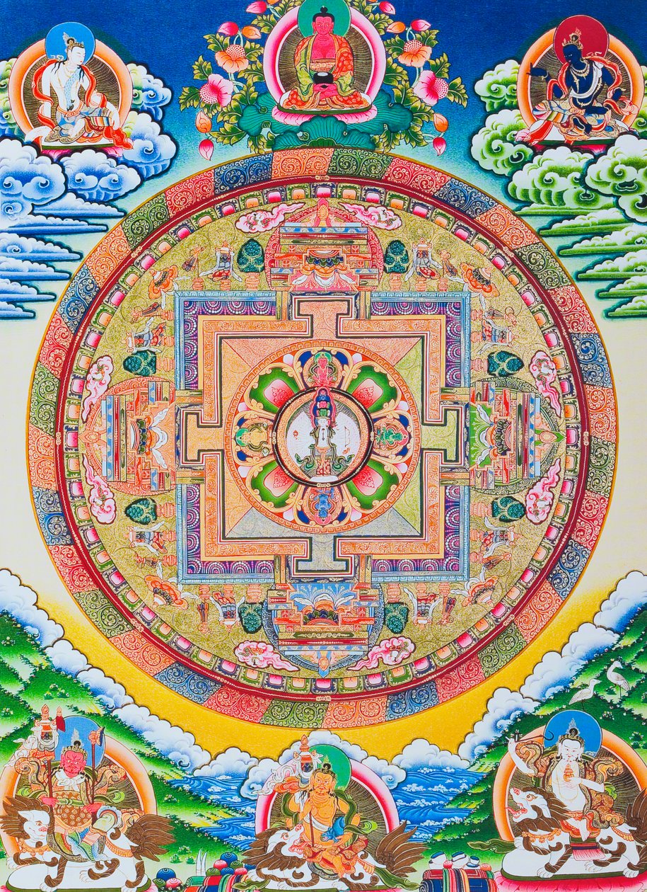 Mandala com mil braços Avalokiteshvara; o círculo sagrado e mágico representando os onze Bodissatva com cabeça simbolizando a infinita compaixão (guache sobre pano) de School Nepalese