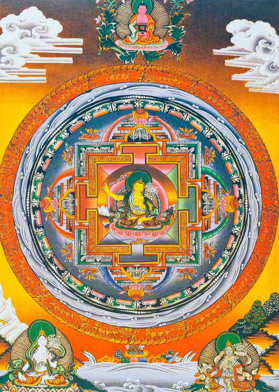 Manjushree Mandala, onde a figura central representa o deus da sabedoria Manjushree, o lendário criador do vale de Katmandu (guache sobre pano) de School Nepalese