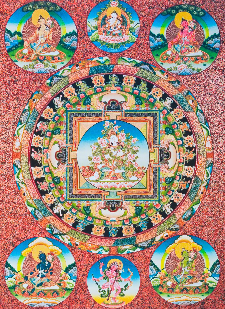 Tara Mandala branca; a divindade feminina de sete olhos do panteão budista representando a deusa da compaixão e a protectora dos seres humanos (guache sobre tecido) de School Nepalese