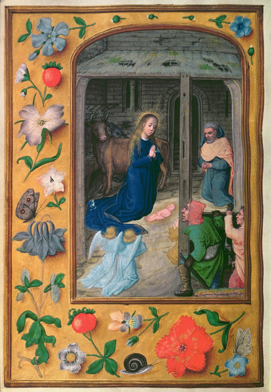 Adicionar 35314 f.25v Natividade, de um Livro de Horas, Bruges, c.1510-20 (pergaminho) de School Netherlandish