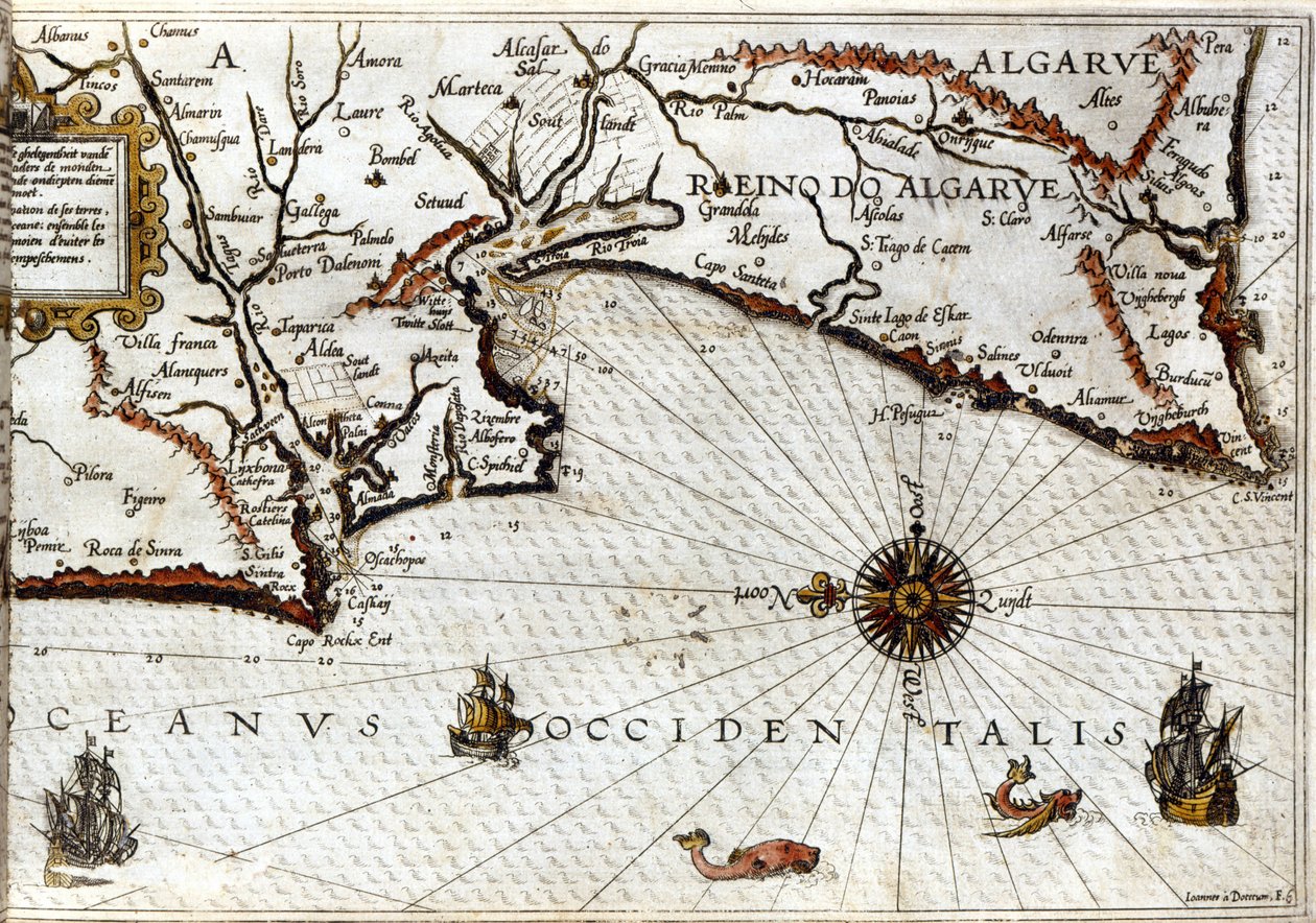 Cabo Sagres (ou Cabo Sagrado) no final de Portugal após o portulano de Luca J. Waghenaer Treesor de zeevaert impresso em Leiden em 1592 de School Netherlandish