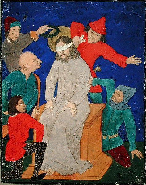 Cristo Escarnecido (guache e tinta preta e tinta em pergaminho) de School Netherlandish