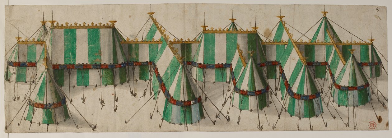 Algodão Augusto III, f.19 Design para um Pavilhão Real nas cores Tudor de branco e verde, dito ser para Henrique VIII no Campo do Pano de Ouro de School Netherlandish