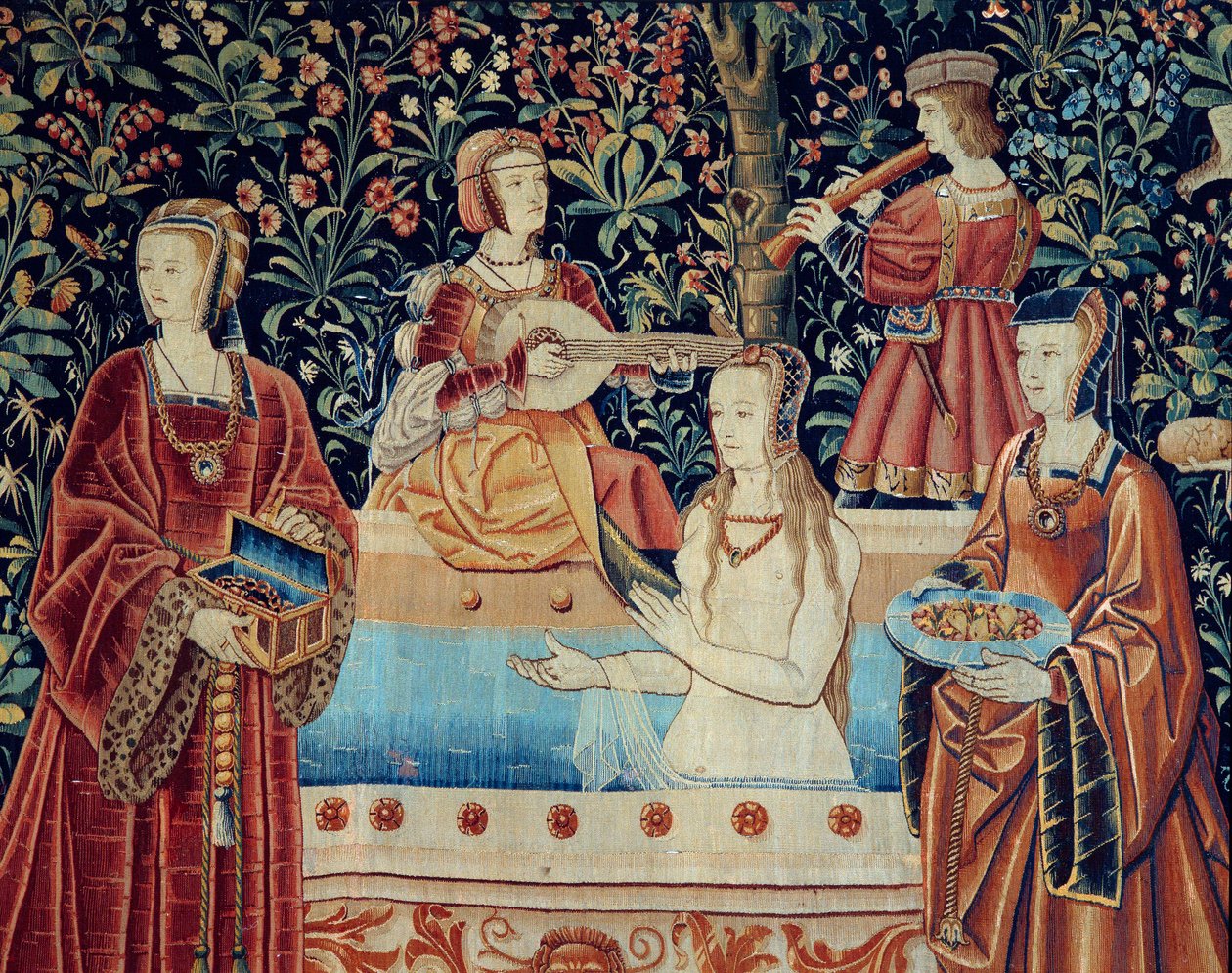 Cortina da Vida do Senhorio: o Banho. Detalhe. Tapeçaria de lã e seda feita por volta de 1520 na Holanda. Sol 2,8x2,6 m Paris, museu nacional da Idade Média, Termas de Cluny de School Netherlandish