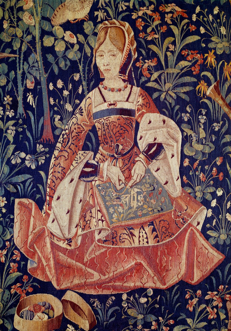 Enforcamento de vida marinha: Bordados. Detalhe. Tapeçaria de lã e seda feita por volta de 1520 na Holanda. Paris, Museu Nacional da Idade Média, Termas de Cluny de School Netherlandish