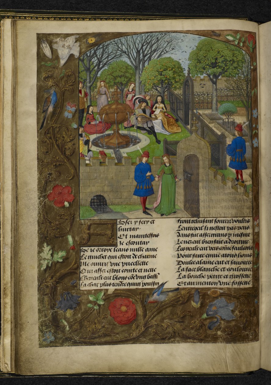 Harley 4425 f. 12v Jardim do Prazer (velino) de School Netherlandish