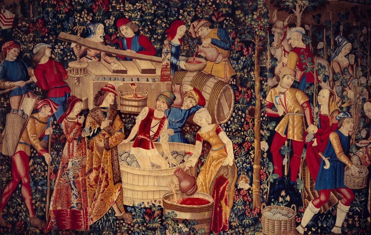 Detalhe da cena da colheita à esquerda. Tapeçaria da Holanda de School Netherlandish