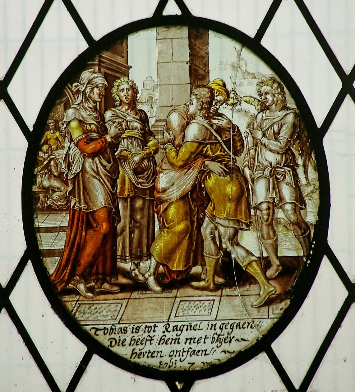 Roundel: Tobias chega ao Ecbatana (vidro manchado) de School Netherlandish