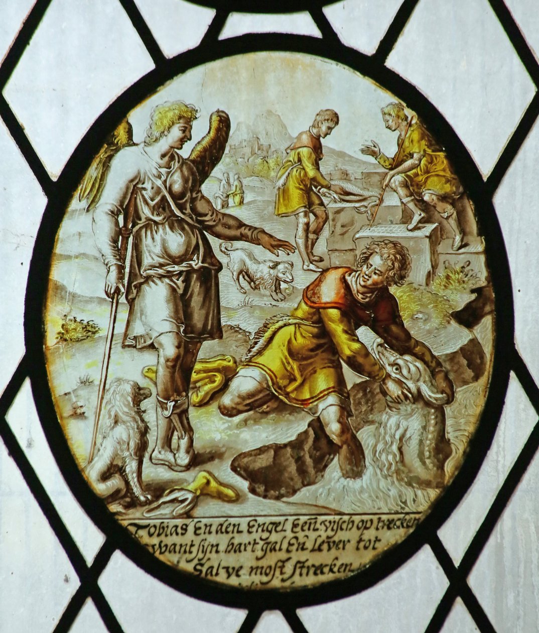 Roundel: Tobias captura um peixe (vidro manchado) de School Netherlandish