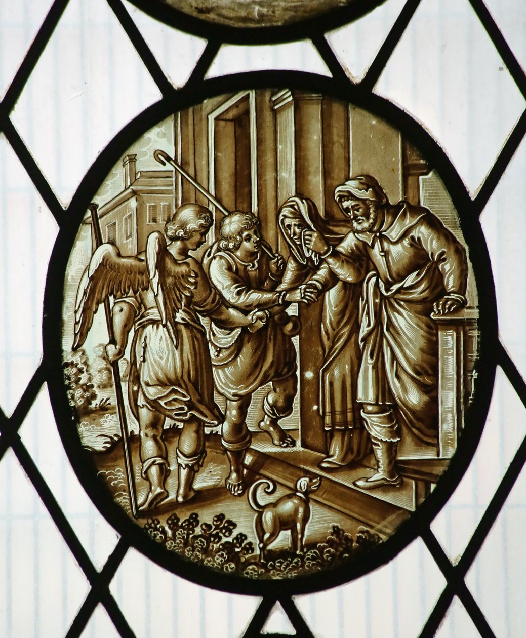 Roundel: Tobias parte com o anjo, provavelmente do século XIX (vitral) de School Netherlandish