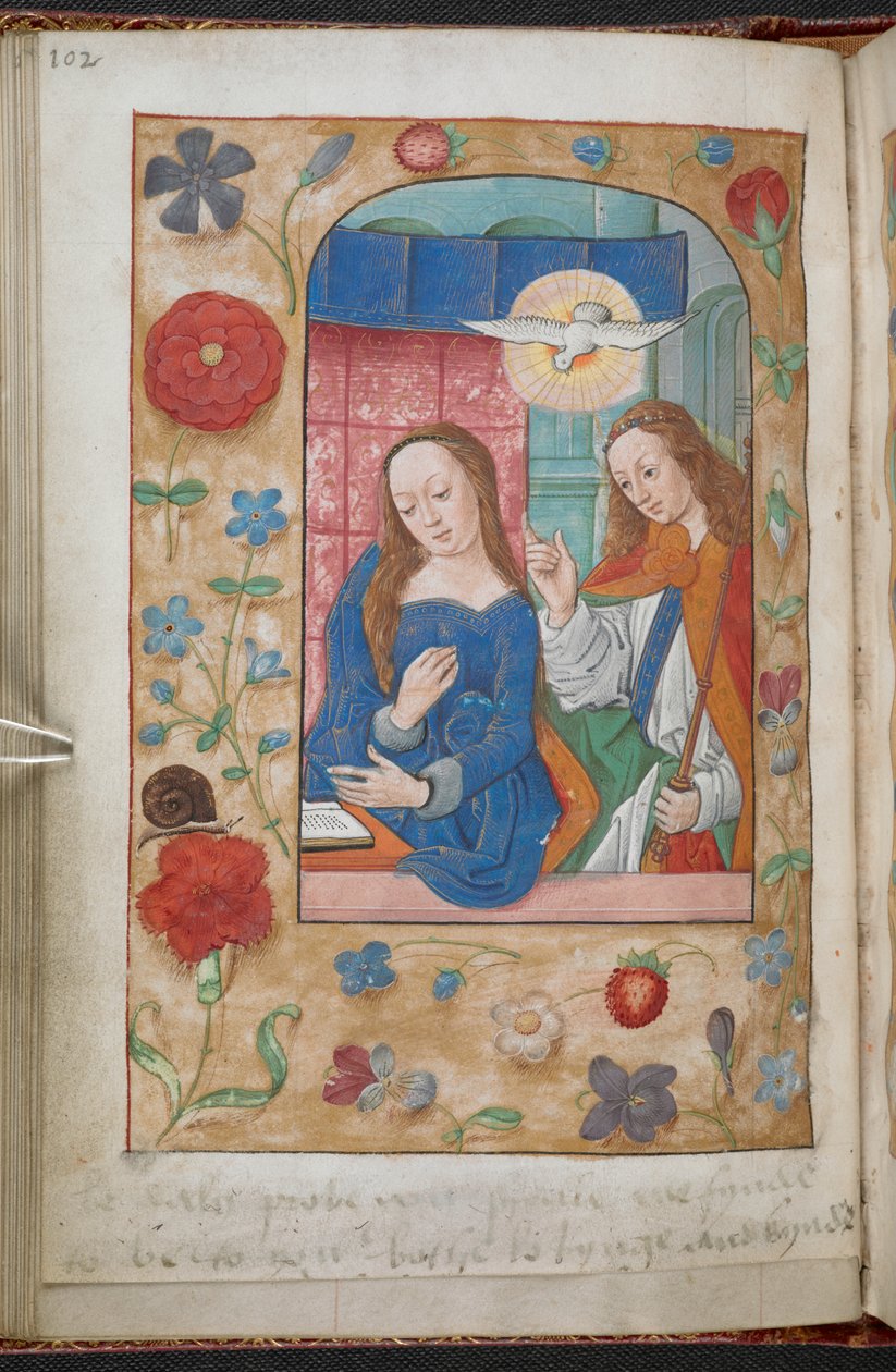 A Anunciação.
Uma borda de flores, frutos, pássaros, insectos, &c, em perspectiva sobre um solo dourado pálido.
Uma inscrição (na mão de Anne Boleyns) está ao pé do fólio, 