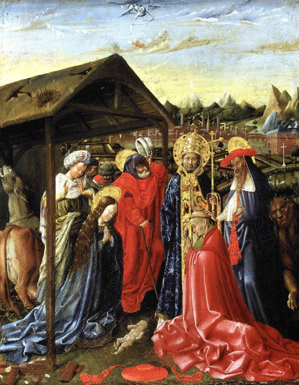 A Natividade com SS. Sixtus (?) e Jerome e um cardeal (óleo sobre painel) de School Netherlandish