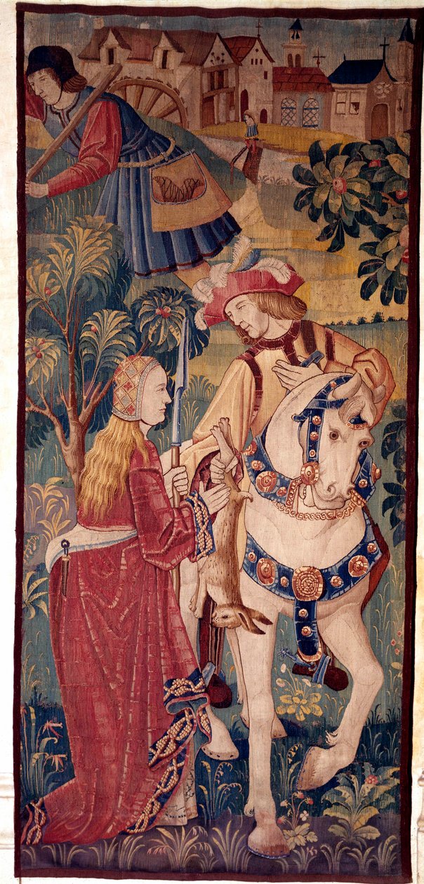 O regresso da caçada. Um cavalheiro oferece jogo a uma jovem senhora. A Tapeçaria da Holanda de School Netherlandish