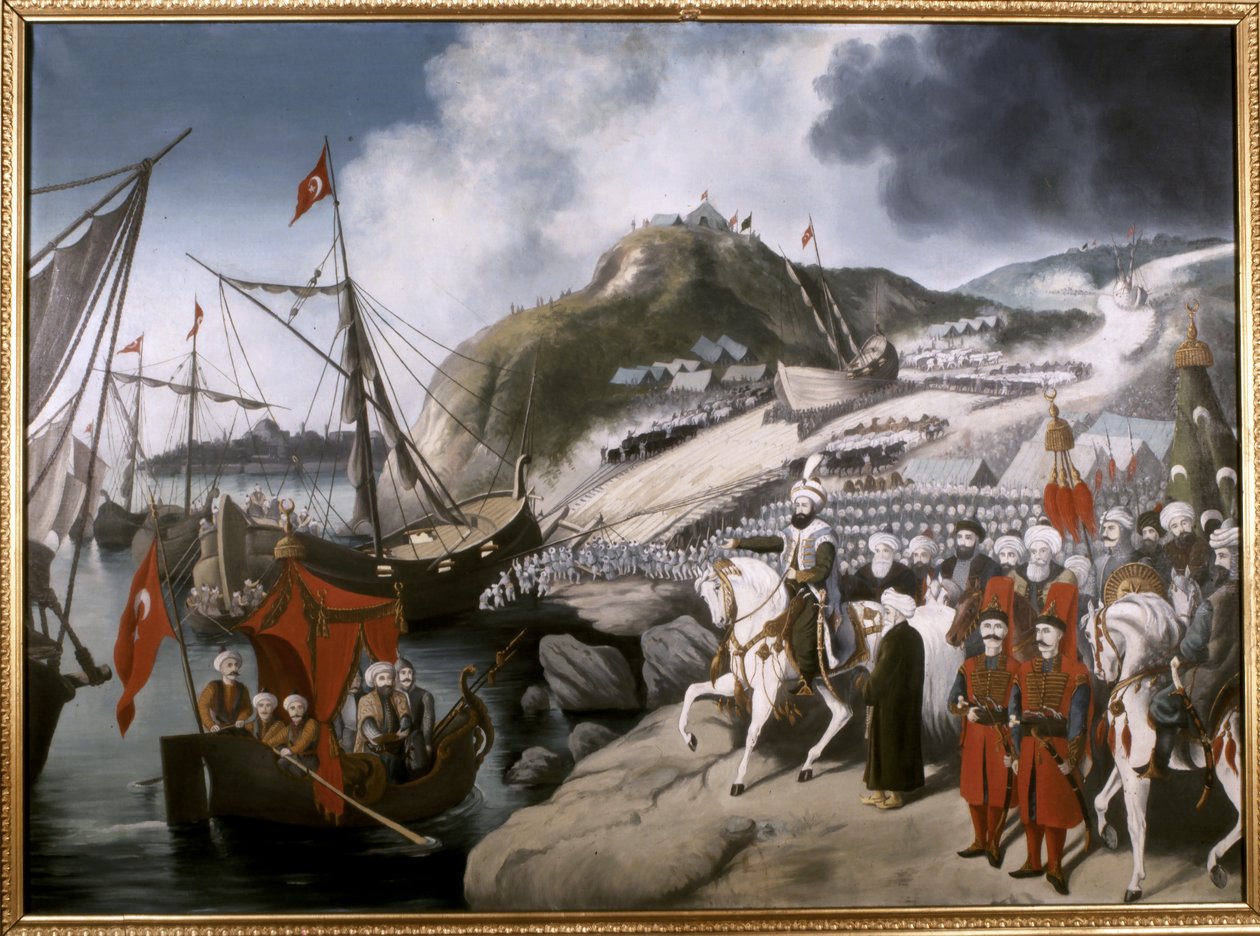 Império OTTOMANO: Lançamento dos navios do Sultão Mehmed, o Conquistador, no Corno de Ouro, durante... (óleo sobre tela) de School Ottoman
