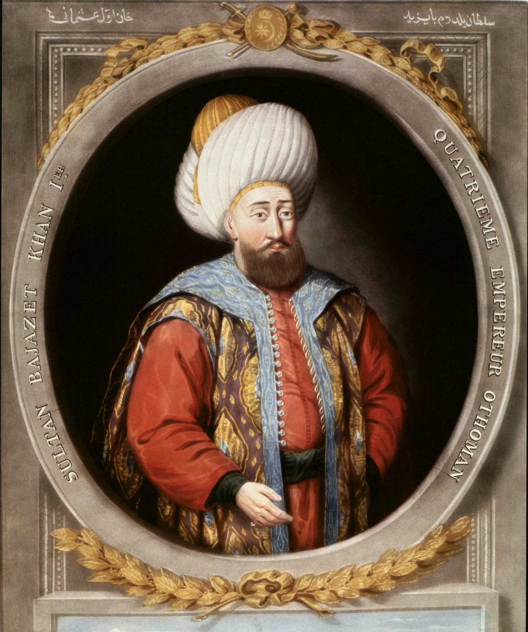 Império Otomano: retrato do quarto Sultão Otomano Bayazid I conhecido como Yildirim (o Relâmpago) (1389-1402). Biblioteca Topkapi Sarayi Istambul de School Ottoman