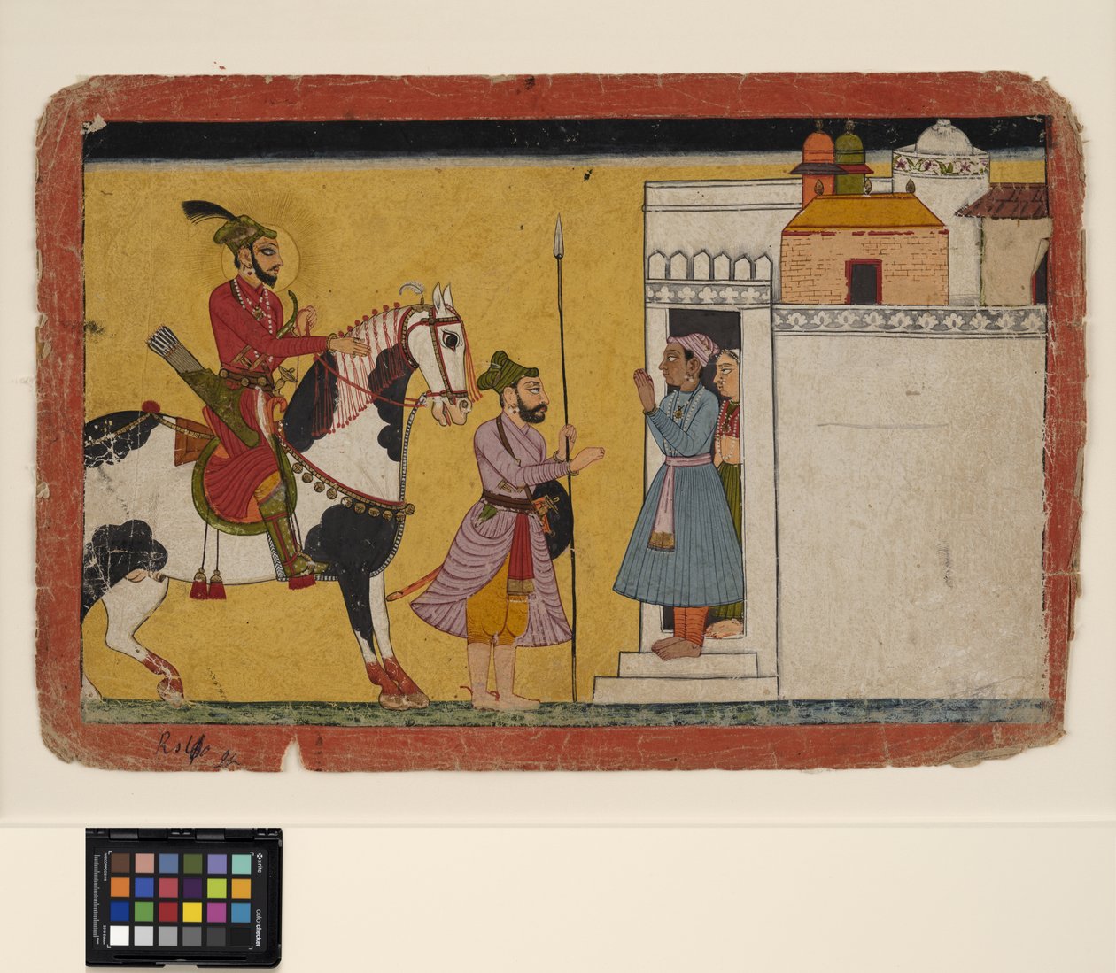 Uma caça ao príncipe pára na porta de uma casa, c.1700 (opaco w - ce ouro no papel) de School Pahari