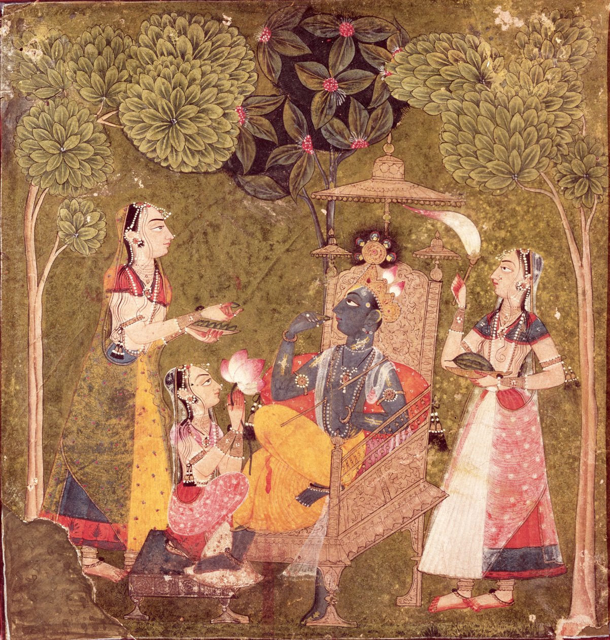 Krishna e donzelas, Himachal Pradesh, Escola Pahari, c.1710 (aquarela sobre papel) de School Pahari