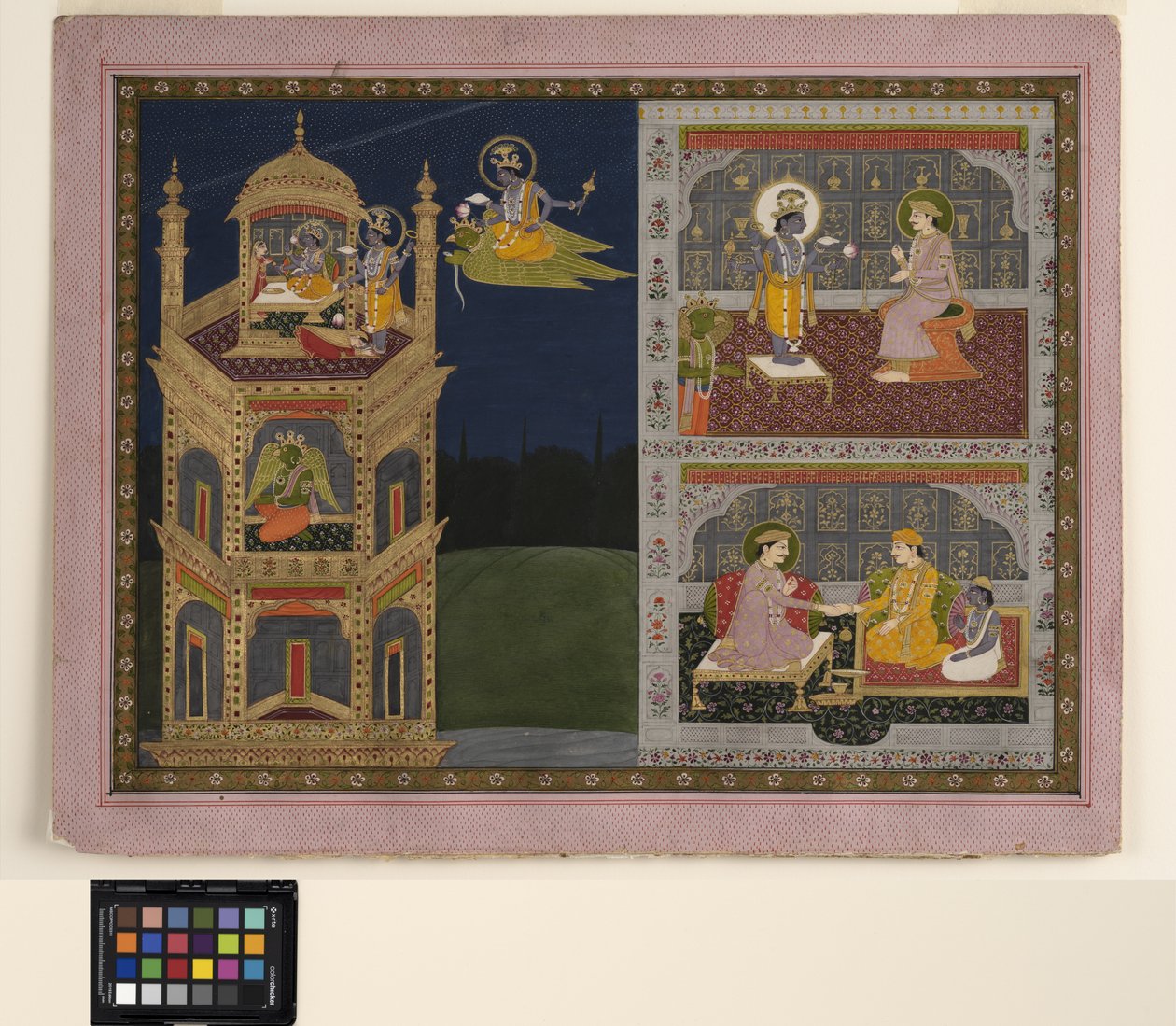 Vishnu se aproxima de uma torre dourada em Garuda, c.1825 (aquarela opaca e ouro sobre papel) de School Pahari