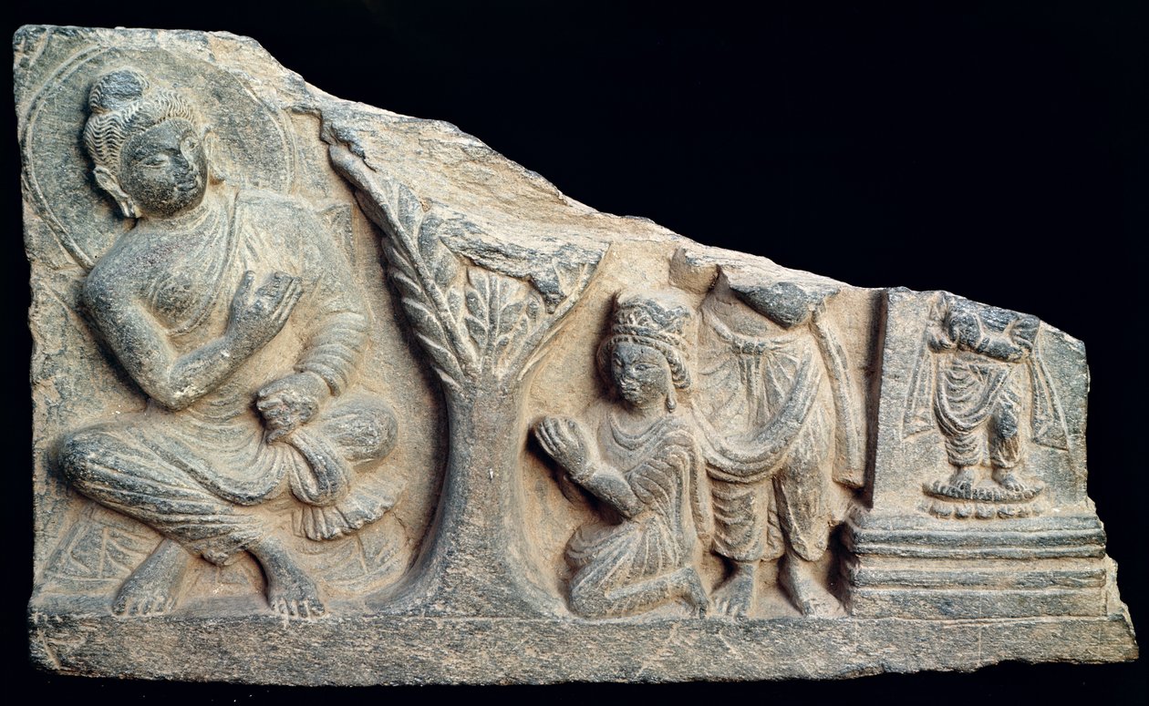 Detalhe de um friso em relevo representando um Buda sentado com orantes, estilo greco-budista, de Taxila, Paquistão de School Pakistani