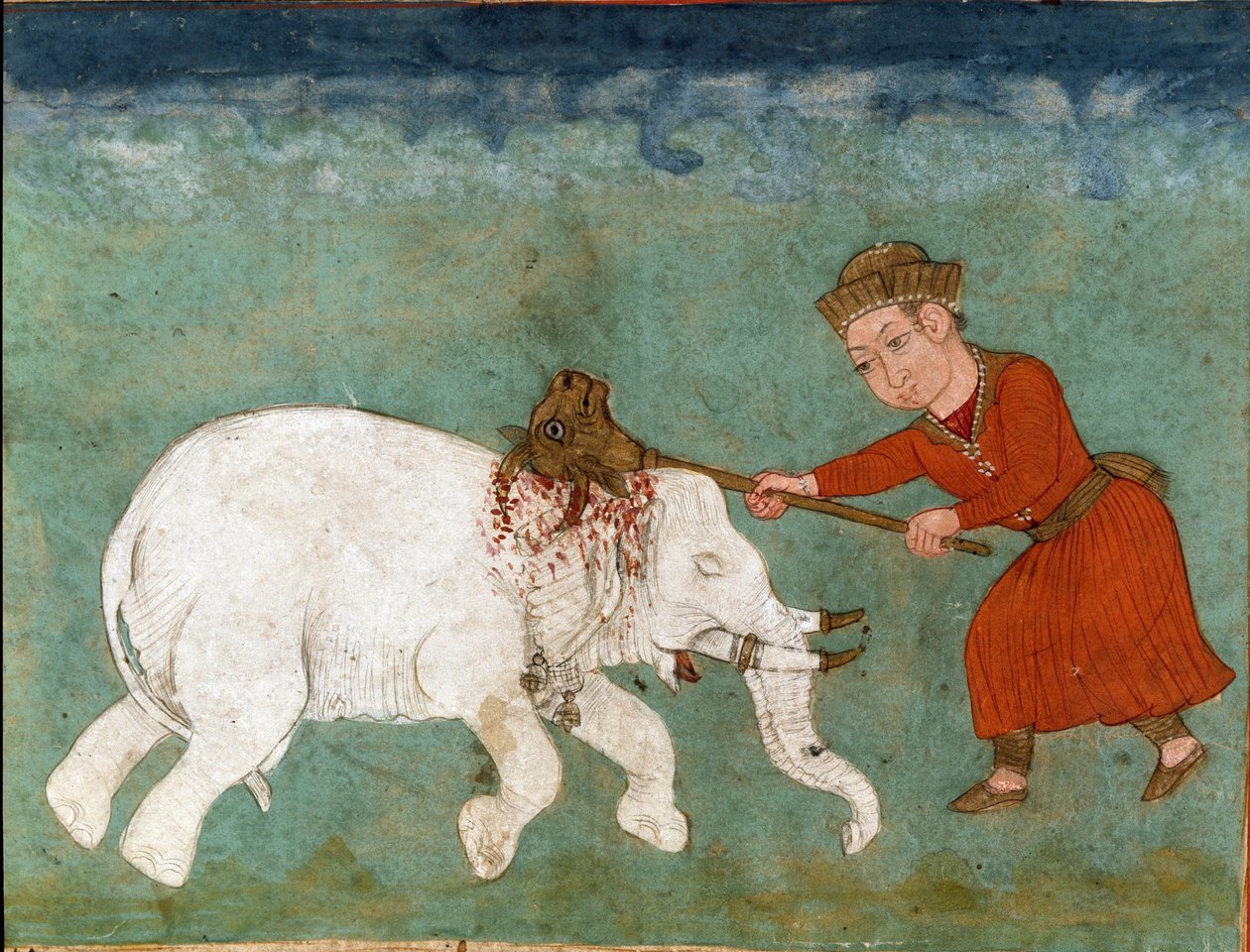 Arte islâmica: Rostam (ou Rustam) heróis míticos e filho de Zal mata o elefante branco. Miniatura persa de um manuscrito do poema épico "Shahnameh" (Shah Nama, Shahnama) (Livro dos Reis) de Ferdowsi (Firdawsi, ou Ferdawsi, ou Firdousi, ca. 940-around de School Persian