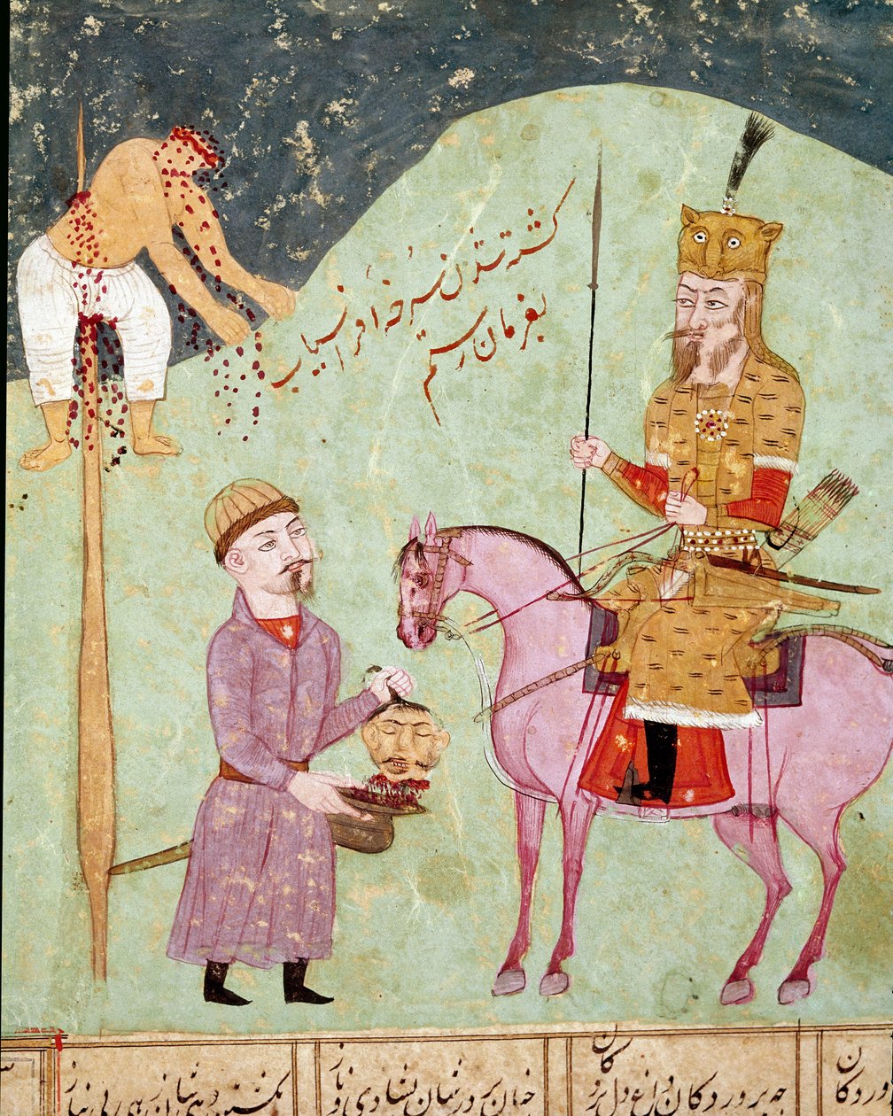 Arte islâmica: um inimigo empalado e decapitado. Miniatura persa de um manuscrito do poema épico "Shahnameh" (Shah Nama, Shahnama) (Livro dos Reis) de Ferdowsi (Firdawsi, ou Ferdawsi, ou Firdousi, ca. 940-around 1020) Biblioteca Nazionale Nápoles de School Persian