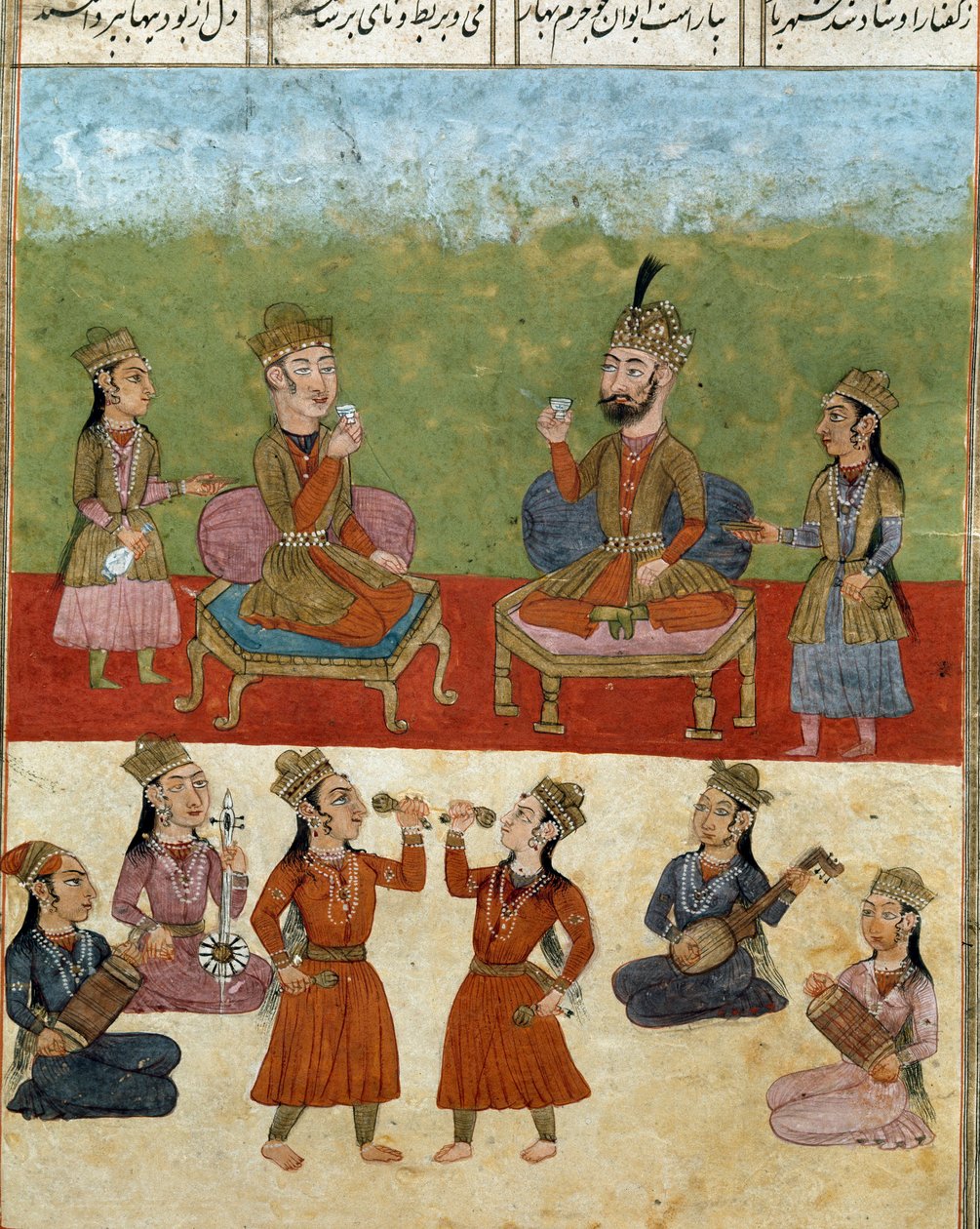 Arte islâmica: concerto e entretenimento num harém. Miniatura persa de um manuscrito do poema épico "Shahnameh" (Shah Nama, Shahnama) (Livro dos Reis) de Ferdowsi (Firdawsi, ou Ferdawsi, ou Firdousi, ca. 940-around 1020) Biblioteca Nazionale Nápoles de School Persian