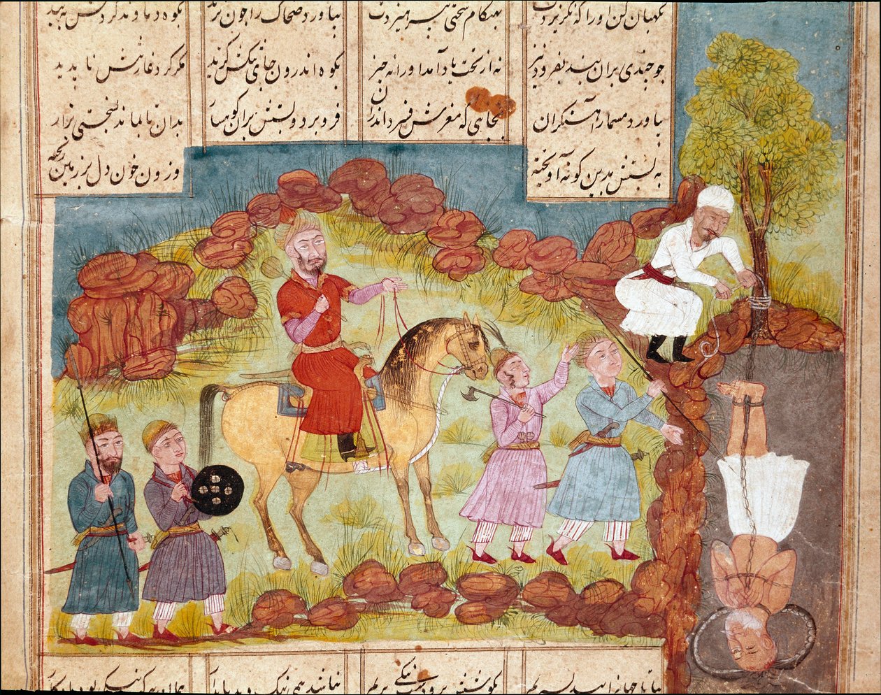 Arte islâmica: cena de tortura de um inimigo, enterrado vivo aos pés de uma árvore. Miniatura persa de um manuscrito do poema épico "Shahnameh" (Shah Nama, Shahnama) (Livro dos Reis) de Ferdowsi (Firdawsi, ou Ferdawsi, ou Firdousi, ca. 940-around 1020) Bi de School Persian