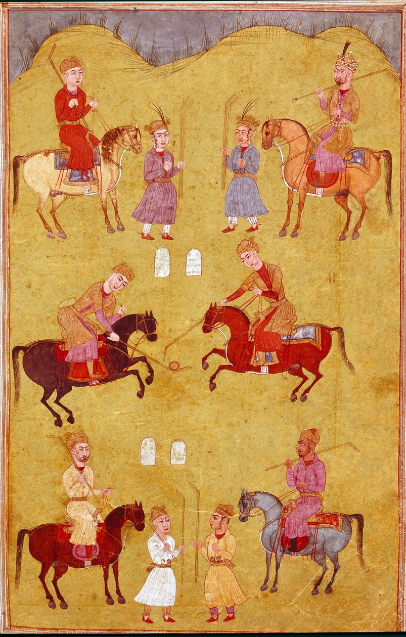 Arte islâmica: a parte do pólo. Miniatura persa de um manuscrito do poema épico "Shahnameh" (Shah Nama, Shahnama) (Livro dos Reis) de Ferdowsi (Firdawsi, ou Ferdawsi, ou Firdousi, ca. 940-around 1020) Biblioteca Nazionale Nápoles de School Persian