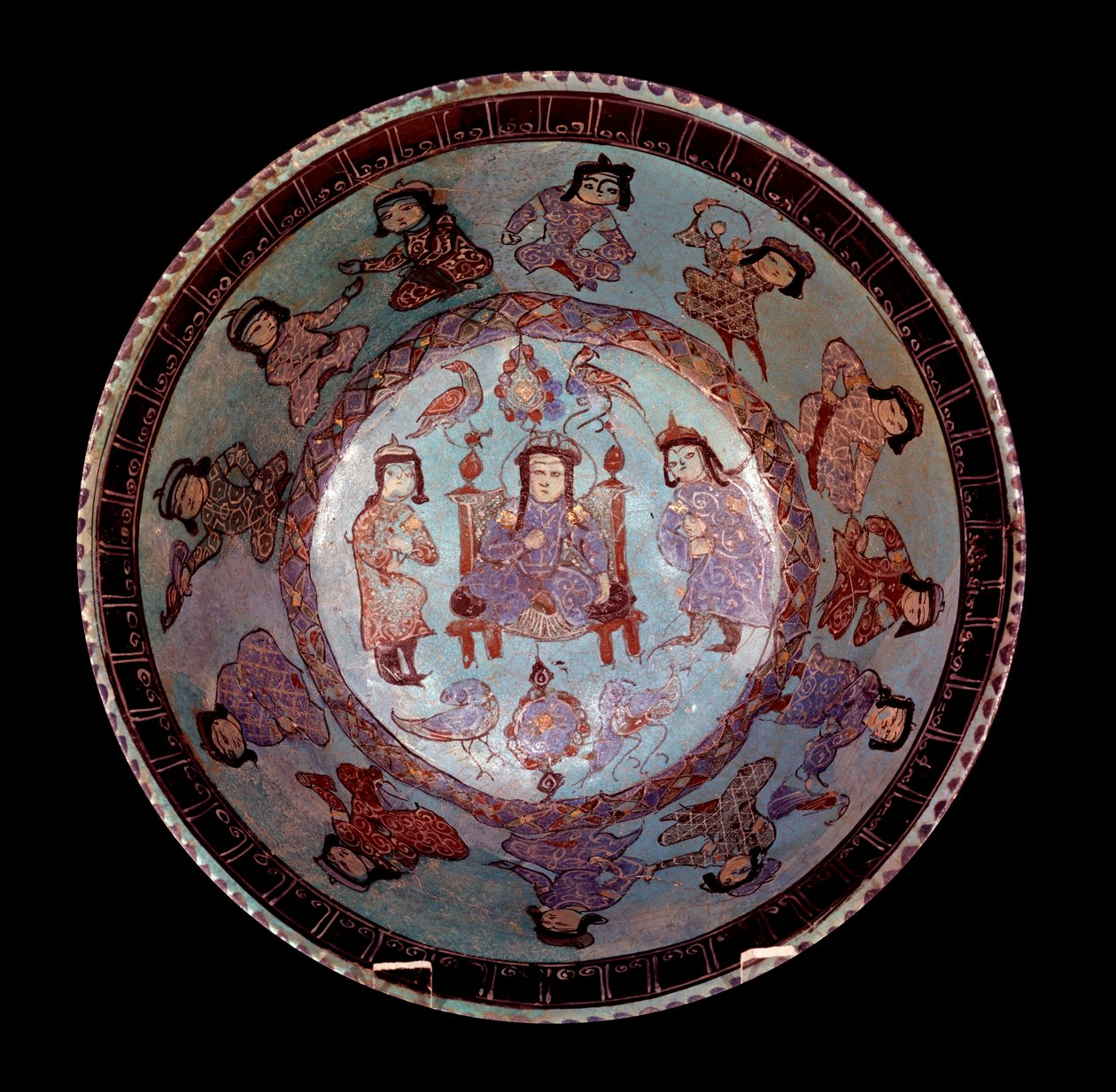 Arte persa: tigela cónica policromada sobre fundo azul representando um príncipe sentado no seu trono entre duas páginas. Coleção Particular de School Persian
