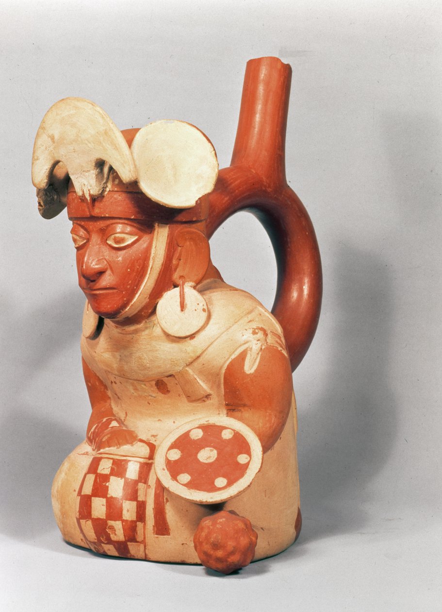 Jarra de estribo mochicano em forma de guerreiro, 300-800 d.C. (terracota) de School Peruvian
