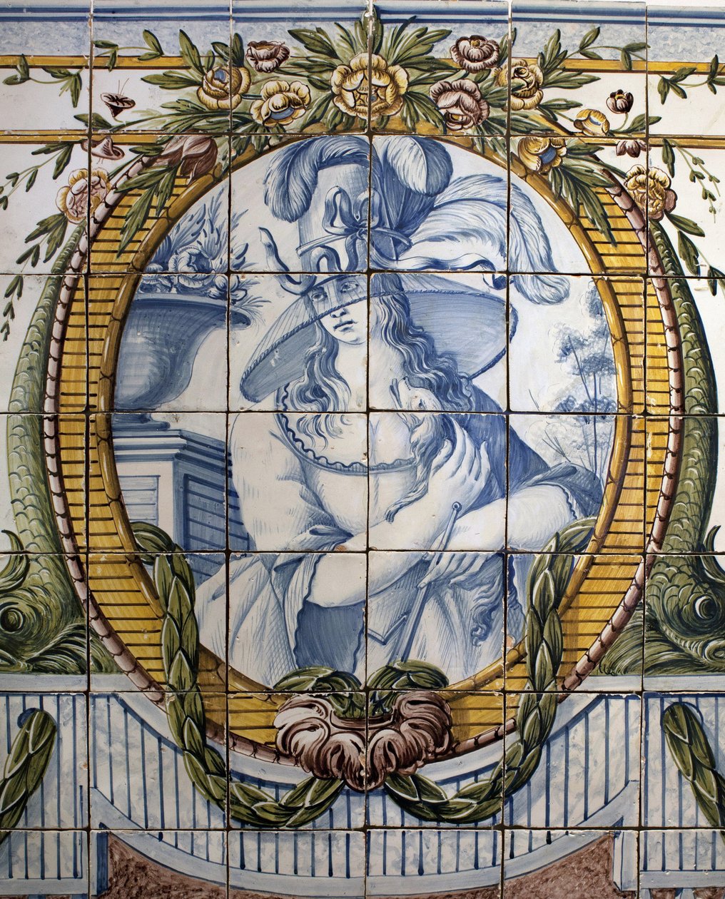 Painel ornamental com retrato de uma mulher, fábrica real de Louca, uma Rato, faiança poychrome de School Portuguese