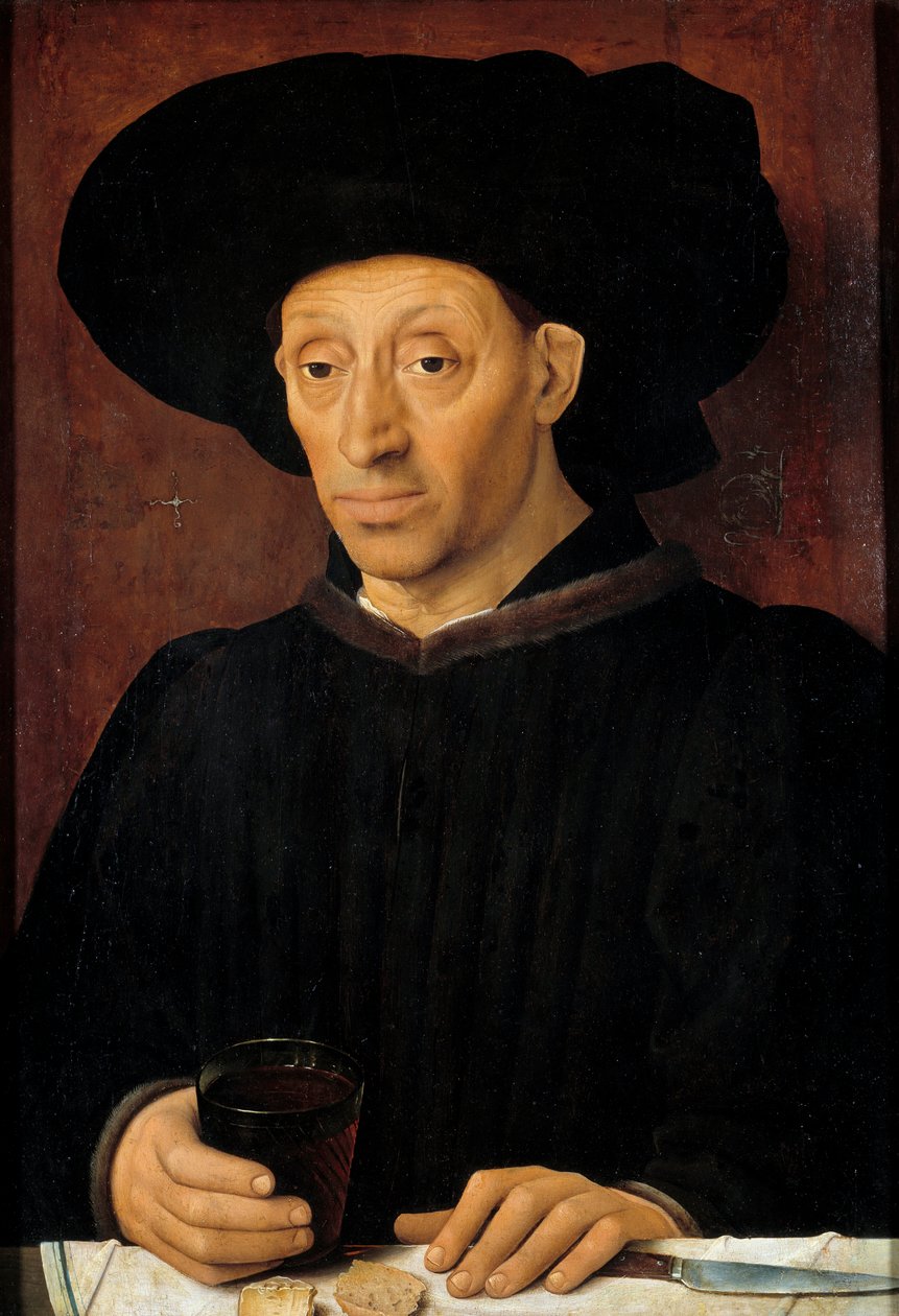 Retrato do homem com o copo de vinho Pintura da Escola Portuguesa. Sol do século XV. 0,63x0,43 m de School Portuguese