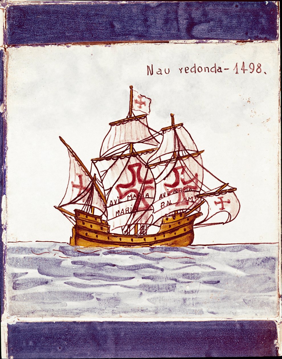 Representação de uma caraque (nave) da frota portuguesa (Desenho em cerâmica de School Portuguese