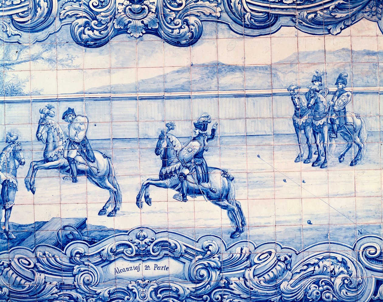 Cavaleiro a praticar o jogo de Alcancias em Portugal. Azulejos. Embaixada da Itália, Lisboa. de School Portuguese