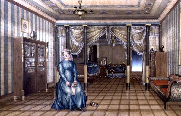 A Spinster in a Neo-Classical Sitting Room Interior, c.1835 (aquarela com altura em papel) de School Russian