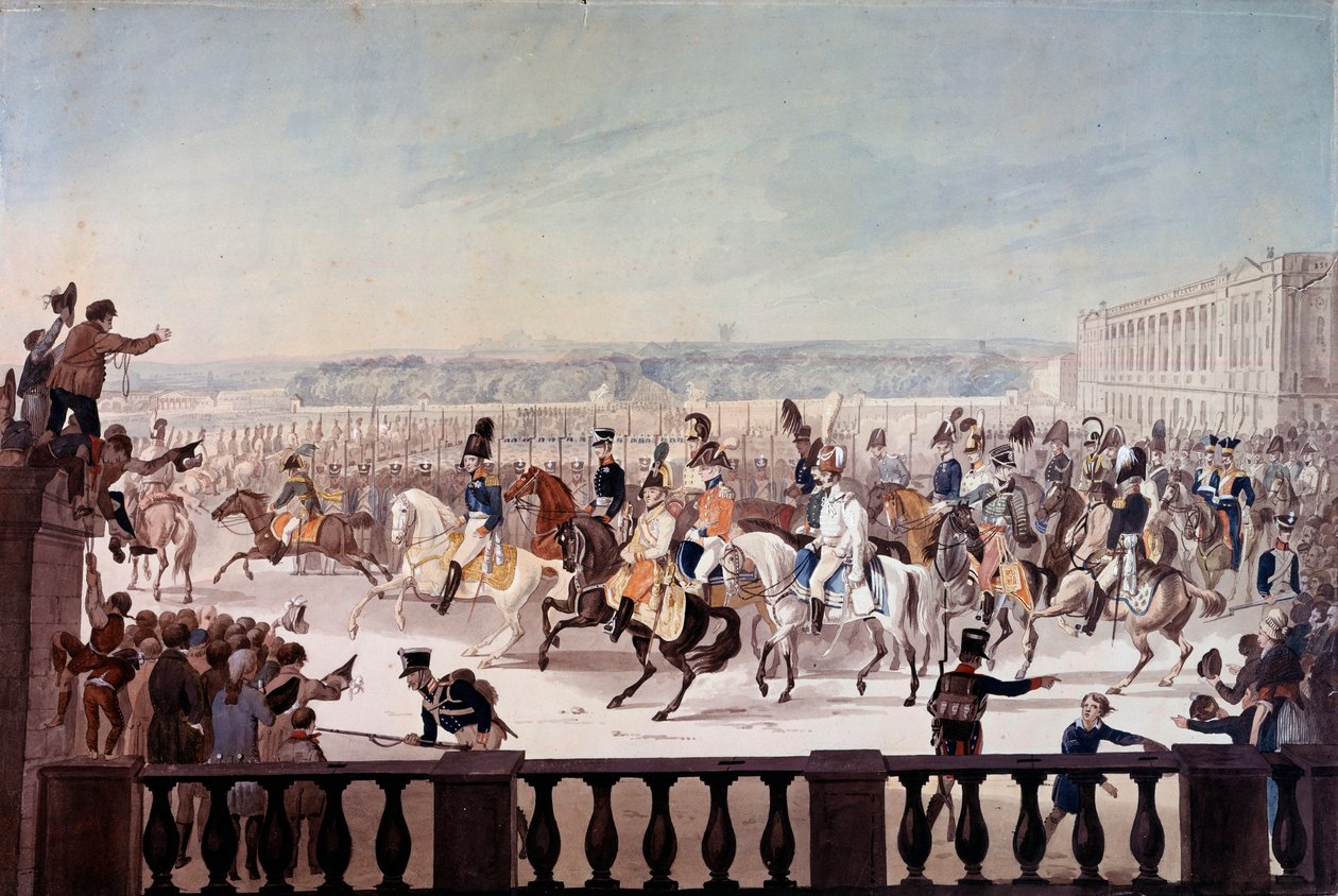 Alexandre I (1777-1825) na Paris Place de la Concorde. Pintura da escola russa de School Russian