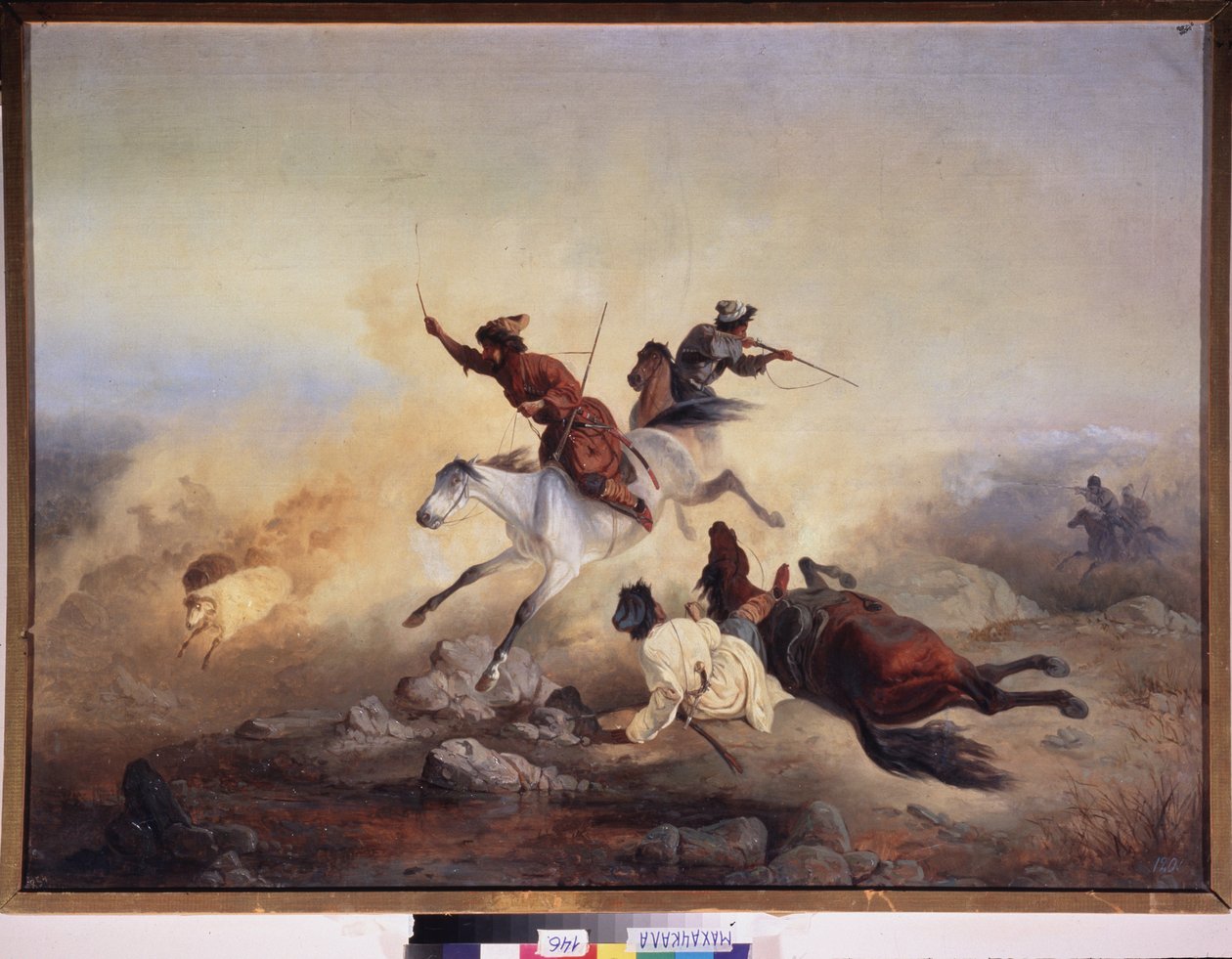 Ataque predatório. Batalha e perseguição a cavalo nas montanhas do Daguestão (Daguestão), entre o exército russo e os combatentes caucasianos, entre 1830 e 1860. Pintura por um mestre russo, óleo sobre tela. Arte russa de School Russian