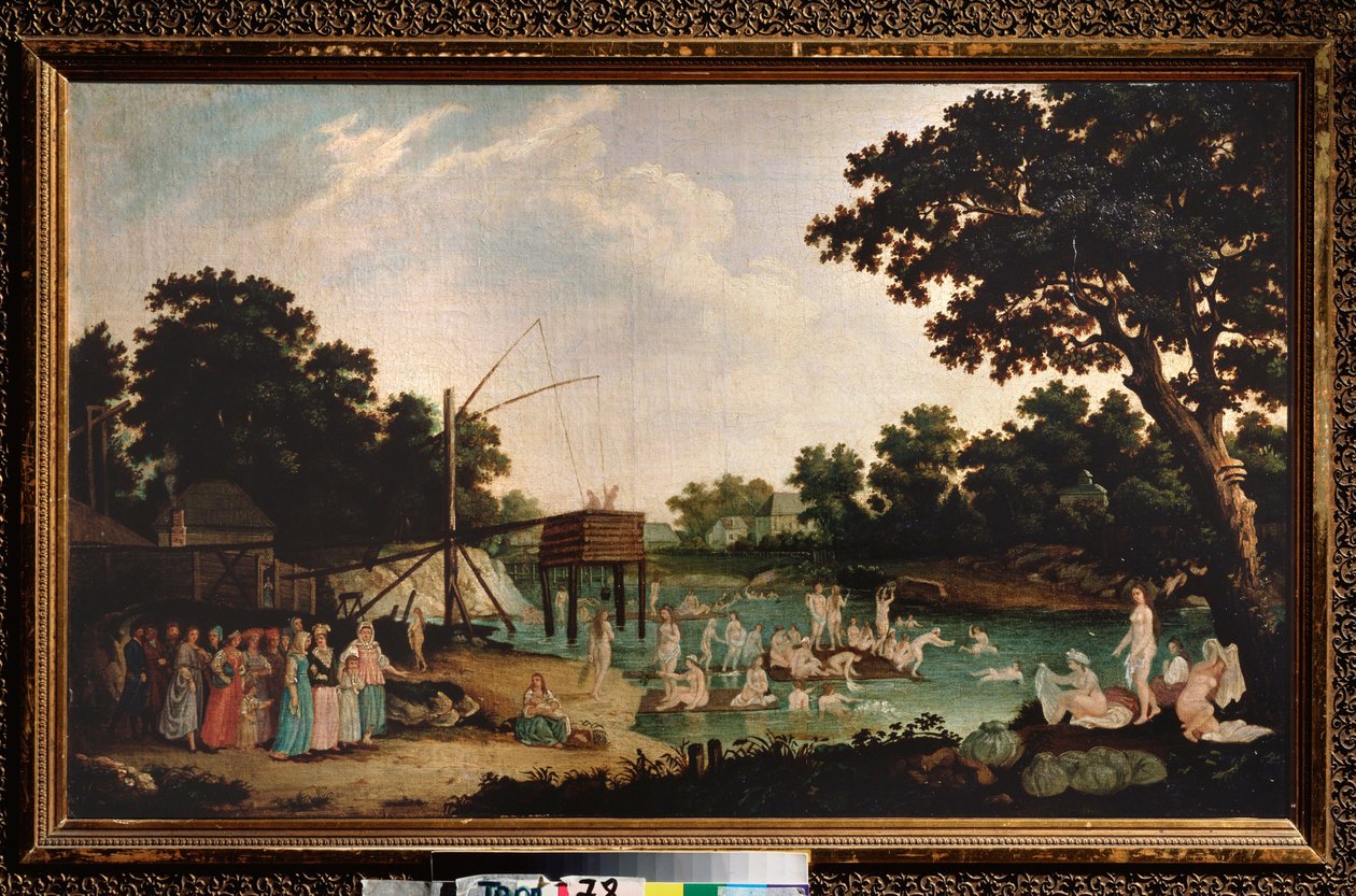 Banho de enfermagem em Moscou. (Termalismo: muitas mulheres nuas estão tomando banho, perto de uma sauna tradicional. Um grupo de pessoas vestidas se junta a elas, com crianças intimidadas). Pintura de um mestre russo, óleo sobre tela, final do século XVII de School Russian