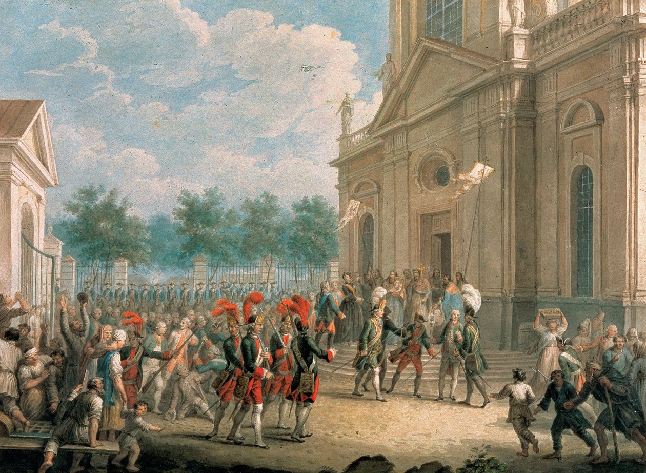 Catarina II (1729-1796) nas escadas da Catedral de Kazan (São Petersburgo), recebida pelo clero no dia de sua ascensão ao trono, 28 de junho de 1762. (Catherine II na escadaria da Catedral de Kazan, saudada pelo Clero no Dia o de School Russian